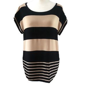 NWT Cable & Gauge Short Sleeve Scoop Neck Tan & Black Striped Shirt/blouse Sz S